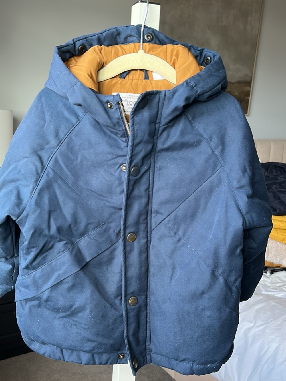 Zara Navy Hooded Puffer Jacket with Mustard Lining